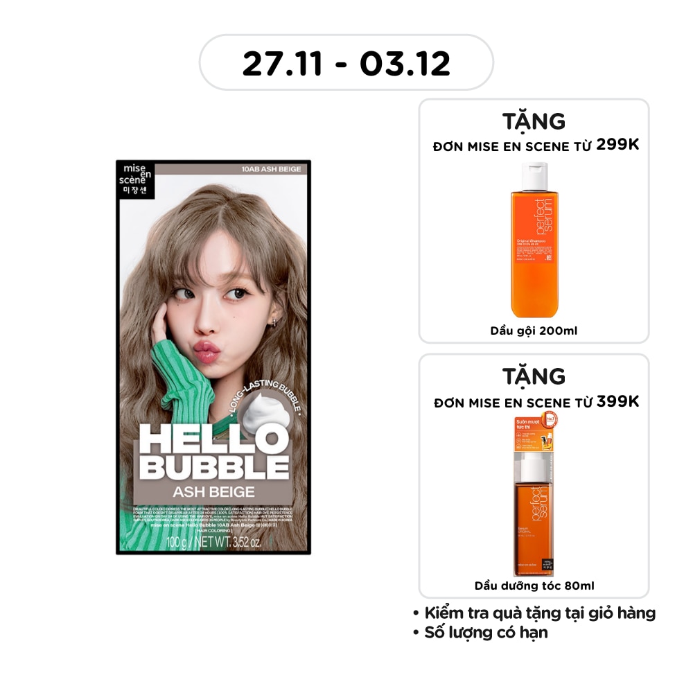 Bọt Kem Nhuộm Tóc mise en scène Hello Bubble 100g .#10AB Ash Beige Màu Nâu Be Khói