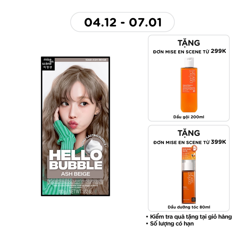 Bọt Kem Nhuộm Tóc mise en scène Hello Bubble 100g .#10AB Ash Beige Màu Nâu Be Khói