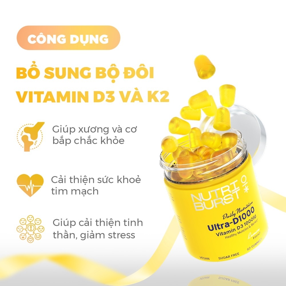 Thực Phẩm Bổ Sung Kẹo Dẻo Nutriburst Ultra-D1000 Lemon Flavour 60 Viên