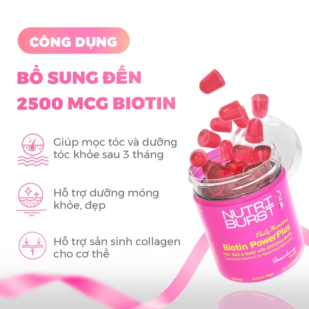 Thực Phẩm Bổ Sung Kẹo Dẻo Nutriburst Biotin PowerPlus Strawberry Flavour 60 Viên