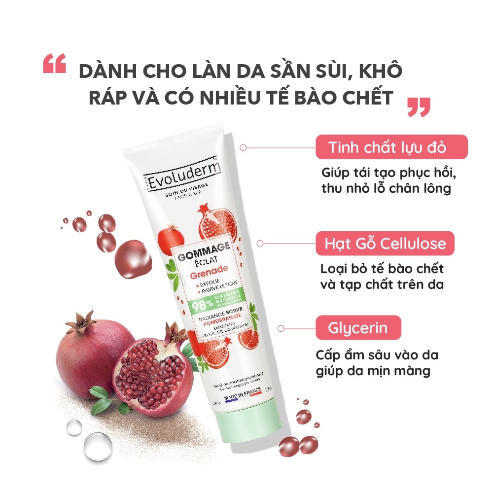 Tẩy Tế Bào Chết Evoluderm Làm Sáng Da Mặt Tinh Chất Lựu Radiance Pomegranate Scrub 150g