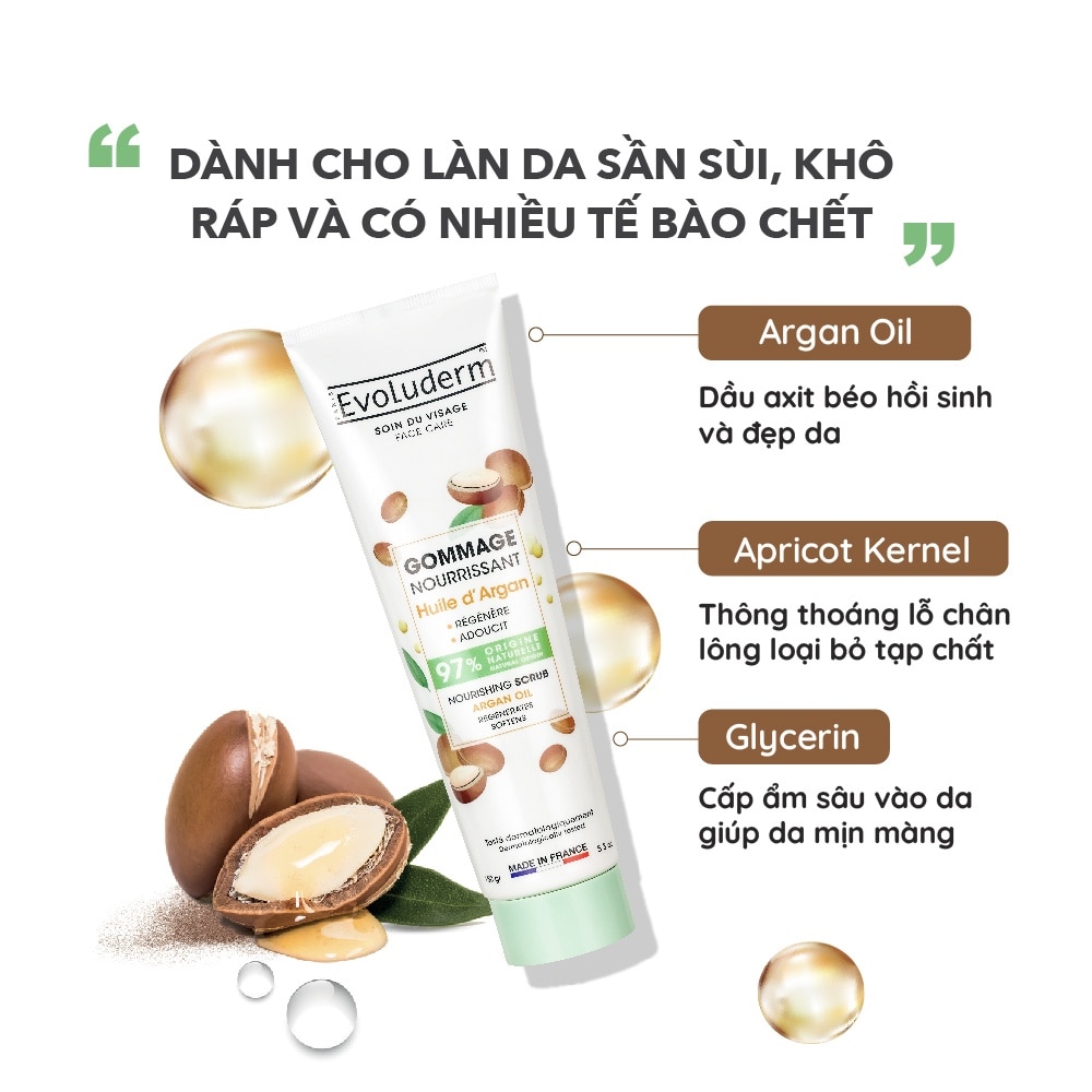 Tẩy Tế Bào Chết Da Mặt Evoluderm Tinh Dầu Argan Nourishing Argan Oil Scrub 150g