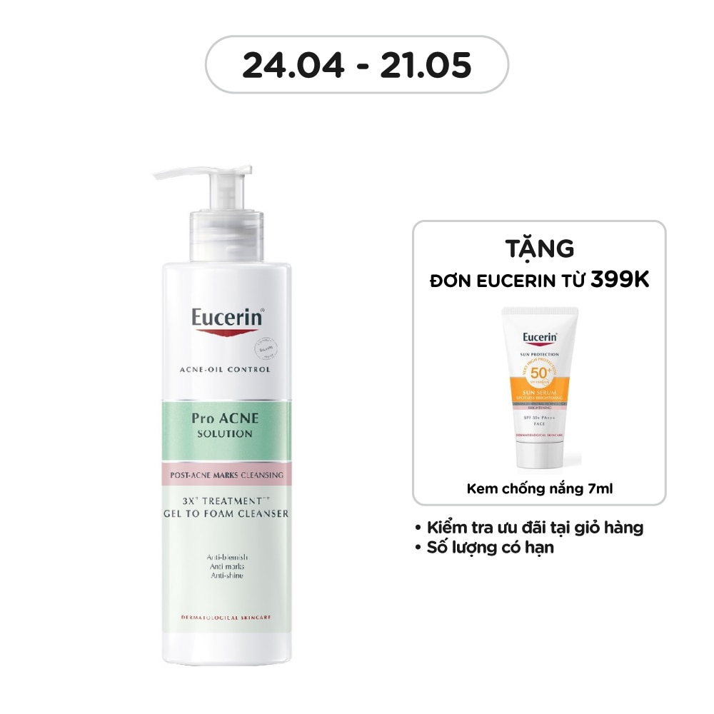 Gel Rửa Mặt Eucerin Cho Da Mụn ProAcne Solution 3X Treatment ++ Gel To Foam Cleanser 400ml