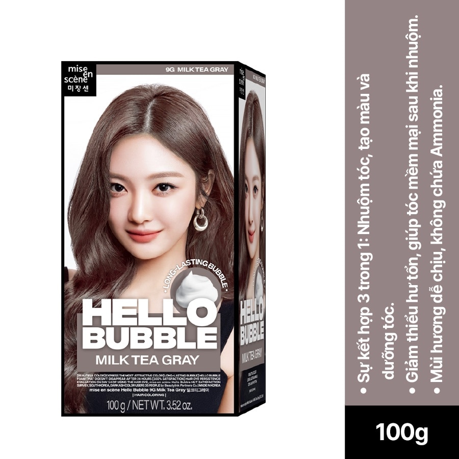 Bọt Kem Nhuộm Tóc mise en scène Hello Bubble 100g .#9G Milk Tea Gray Nâu Trà Sữa