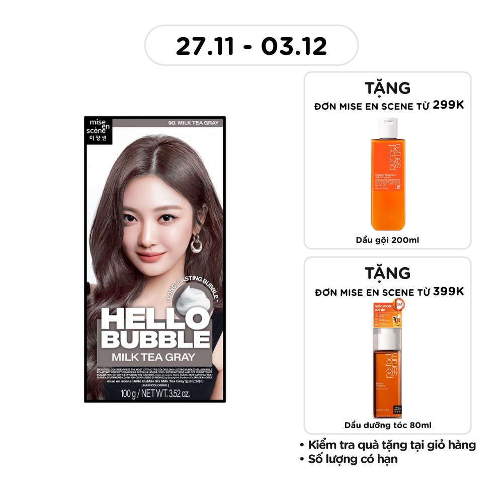 Bọt Kem Nhuộm Tóc mise en scène Hello Bubble 100g .#9G Milk Tea Gray Nâu Trà Sữa