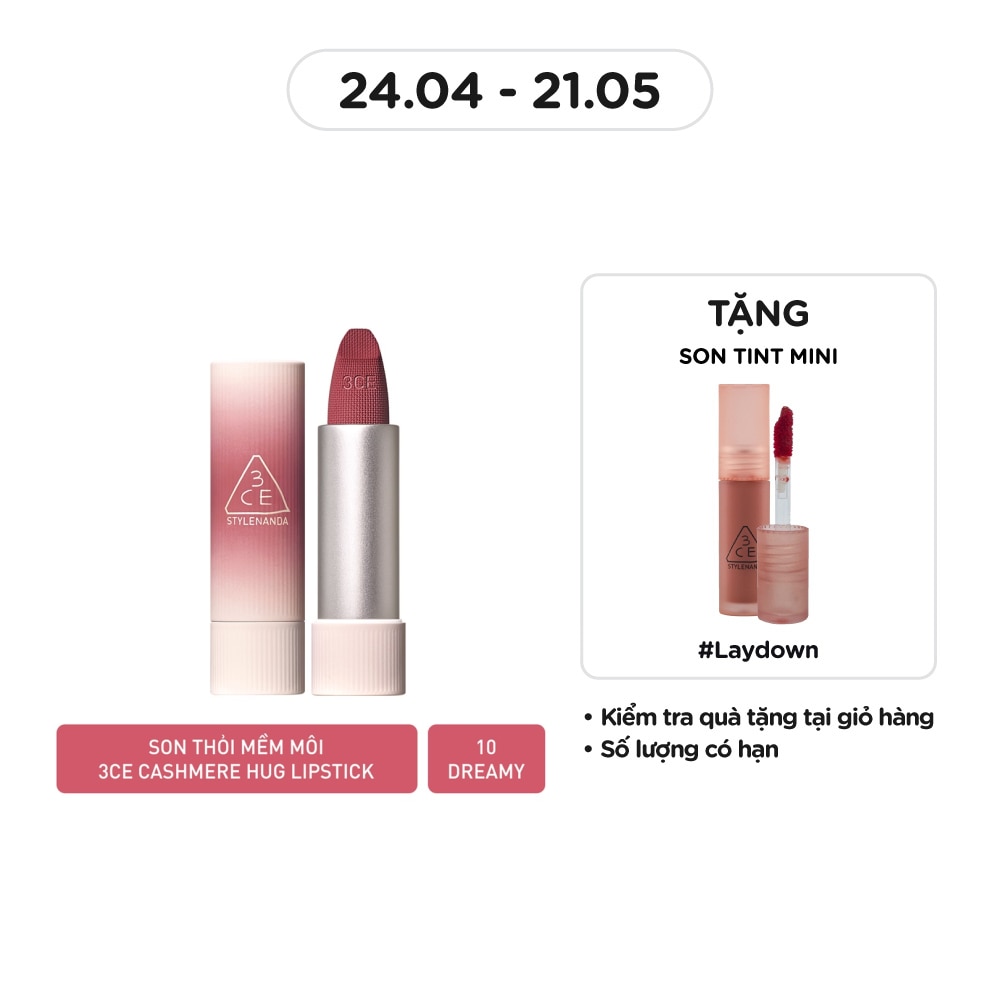 Son 3CE Cashmere Hug Lipstick 3.5g .#10 Dreamy Hồng Mơ