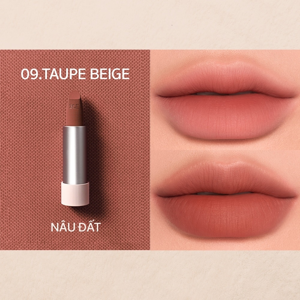 Son 3CE Cashmere Hug Lipstick 3.5g .#09 Taupe Beige Nâu Đất