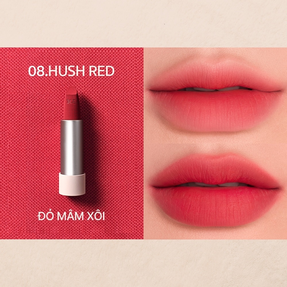Son 3CE Cashmere Hug Lipstick 3.5g .#08 Hush Red Đỏ Mâm Xôi