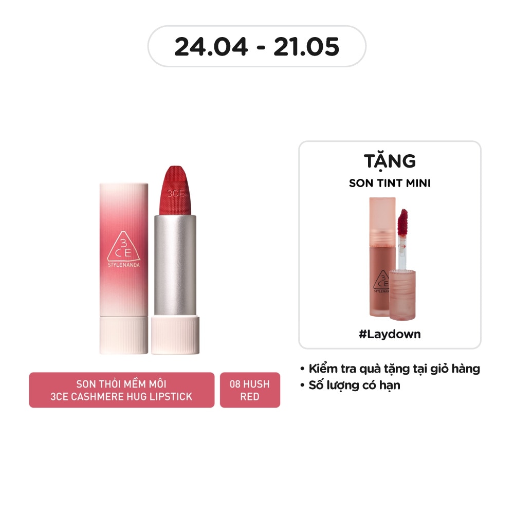 Son 3CE Cashmere Hug Lipstick 3.5g .#08 Hush Red Đỏ Mâm Xôi