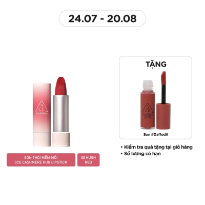 3CE Son 3CE Cashmere Hug Lipstick 3.5g .#08 Hush Red Đỏ Mâm Xôi