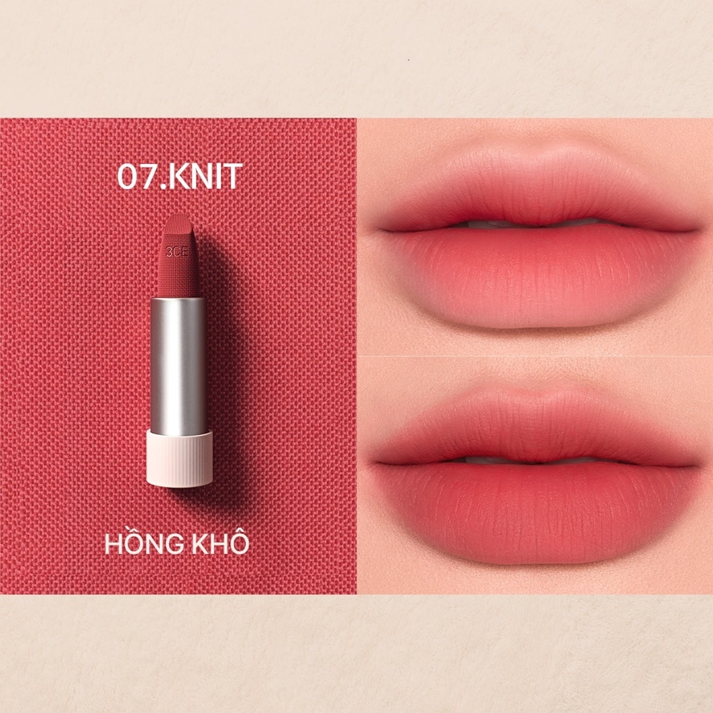 Son 3CE Cashmere Hug Lipstick 3.5g .#07 Knit Hồng Khô