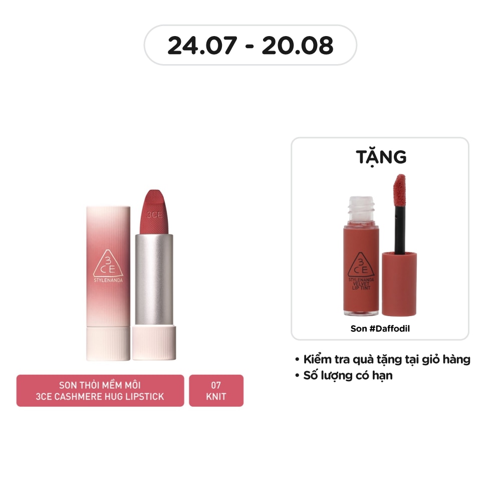 Son 3CE Cashmere Hug Lipstick 3.5g .#07 Knit Hồng Khô