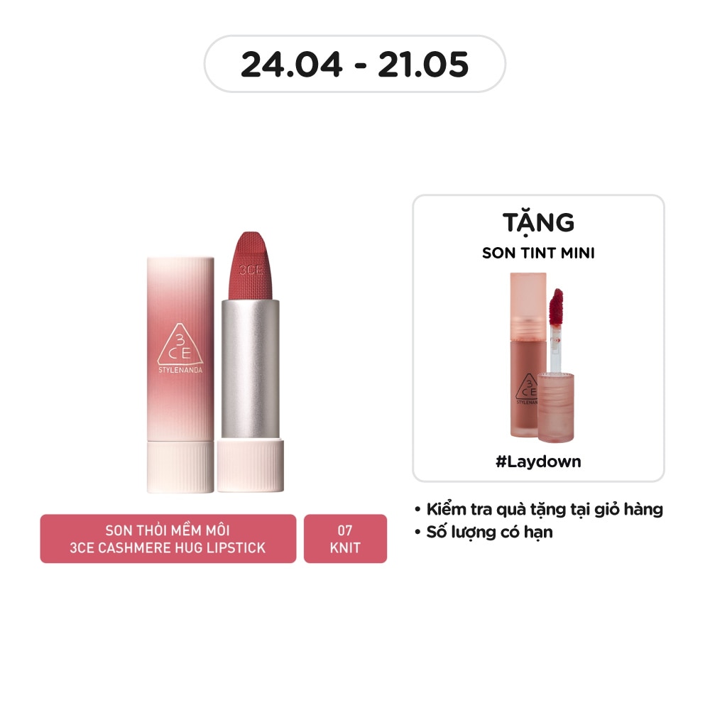 Son 3CE Cashmere Hug Lipstick 3.5g .#07 Knit Hồng Khô