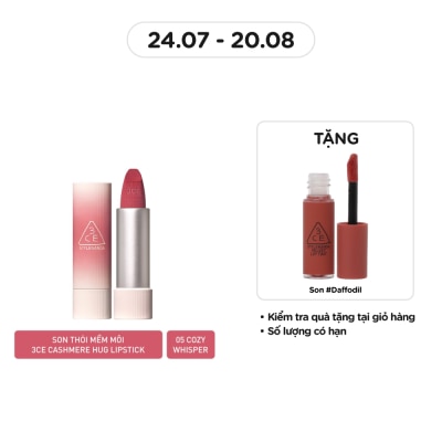 3CE Son 3CE Cashmere Hug Lipstick 3.5g .#05 Cozy Whisper Hồng Hạ Phai