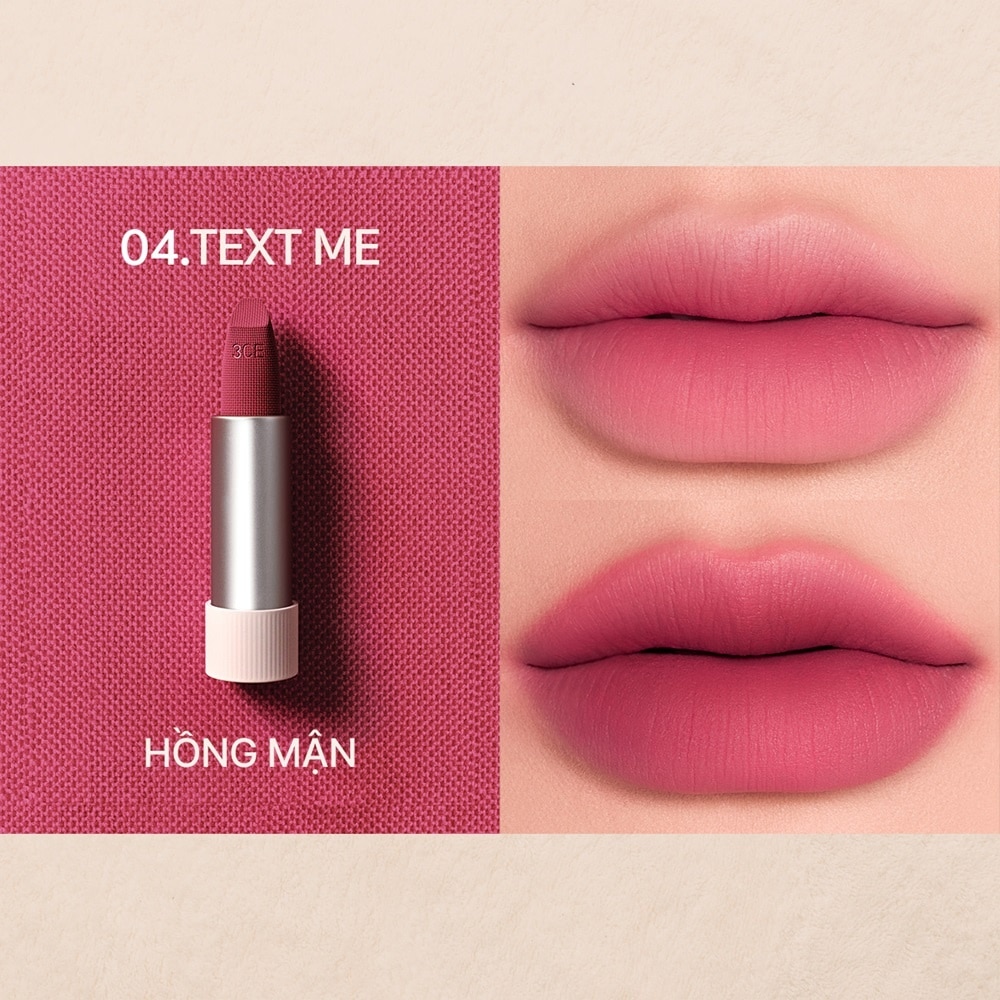 Son 3CE Cashmere Hug Lipstick 3.5g .#04 Text Me Hồng Mận