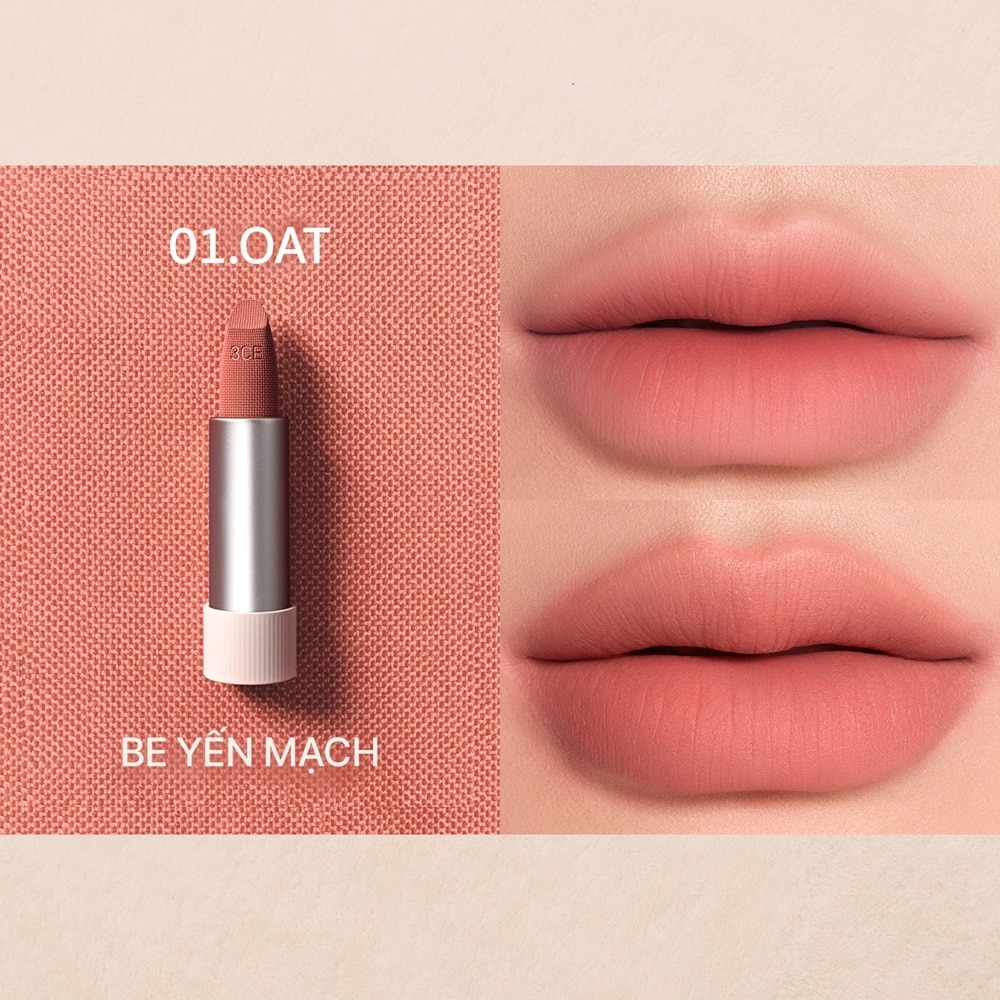 Son 3CE Cashmere Hug Lipstick 3.5g .#01 Oat Be Yến Mạch