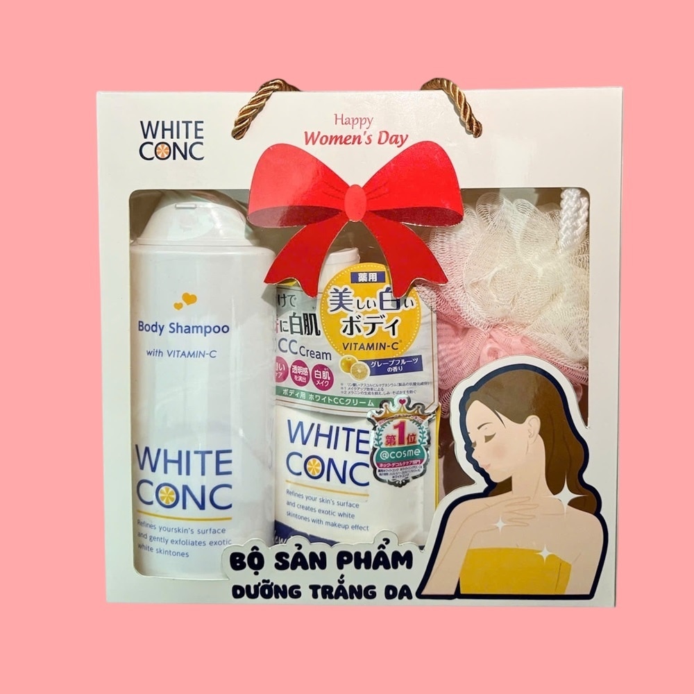 Combo White ConC Dưỡng Trắng Da (Sữa Tắm Trắng Da 360ml+Kem Dưỡng Trắng Da Toàn Thân 200g+Bông Tắm)