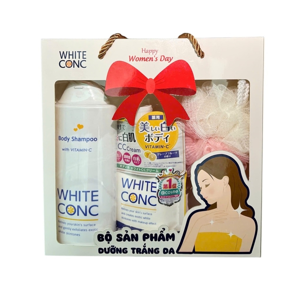 Combo White ConC Dưỡng Trắng Da (Sữa Tắm Trắng Da 360ml+Kem Dưỡng Trắng Da Toàn Thân 200g+Bông Tắm)