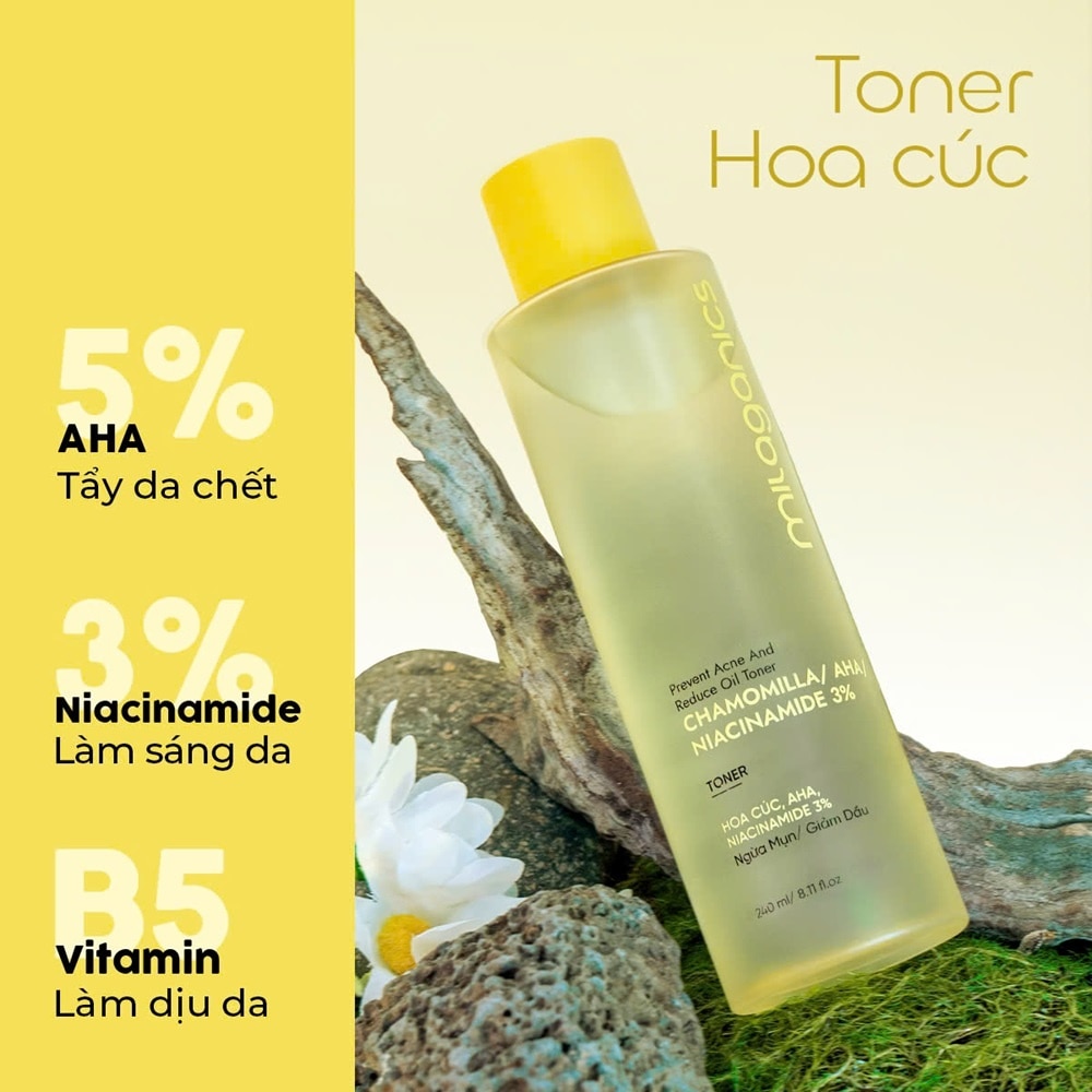 Nước Hoa Hồng Milaganics Chamomilla Sạch Sâu, Ngừa Mụn, Cấp Ẩm 240ml