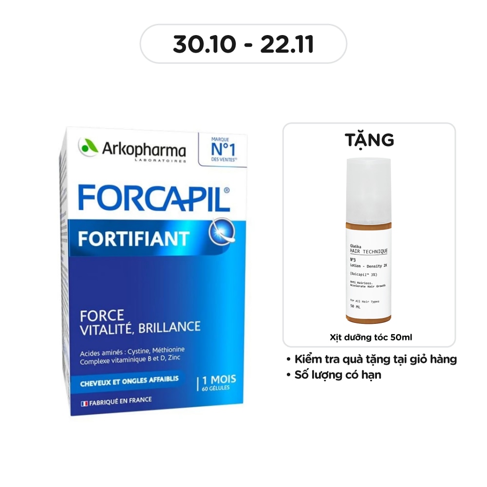 Thực Phẩm Bảo Vệ Sức Khỏe Viên Uống Hỗ Trợ Mọc Tóc và Giảm Rụng, Arkopharma Forcapil Fortifiant 60 Viên