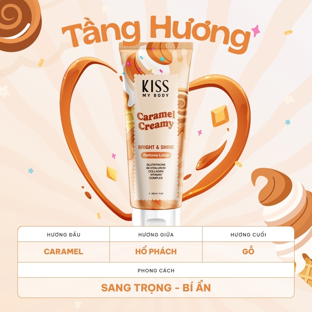 Dưỡng Thể Hương Nước Hoa Kiss My Body Bright & Shine Perfume Lotion Caramel Creamy 200g