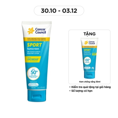 CANCER COUNCIL Kem Chống Nắng Cancer Council Sport Sunscreen Dry Touch & Sweat Resistant Lotion SPF50+ 110ml