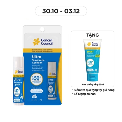 CANCER COUNCIL Son Dưỡng Chống Nắng Cancer Council Ultra Sunscreen Lipbalm SPF50+ 4g