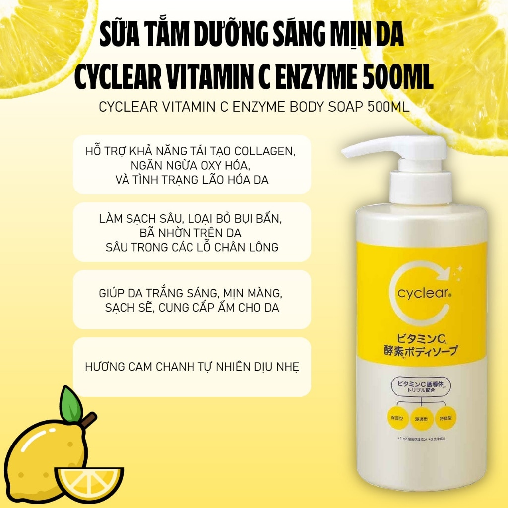 Sữa Tắm Dưỡng Sáng Mịn Da Cyclear Vitamin C Enzyme Body Soap 500ml
