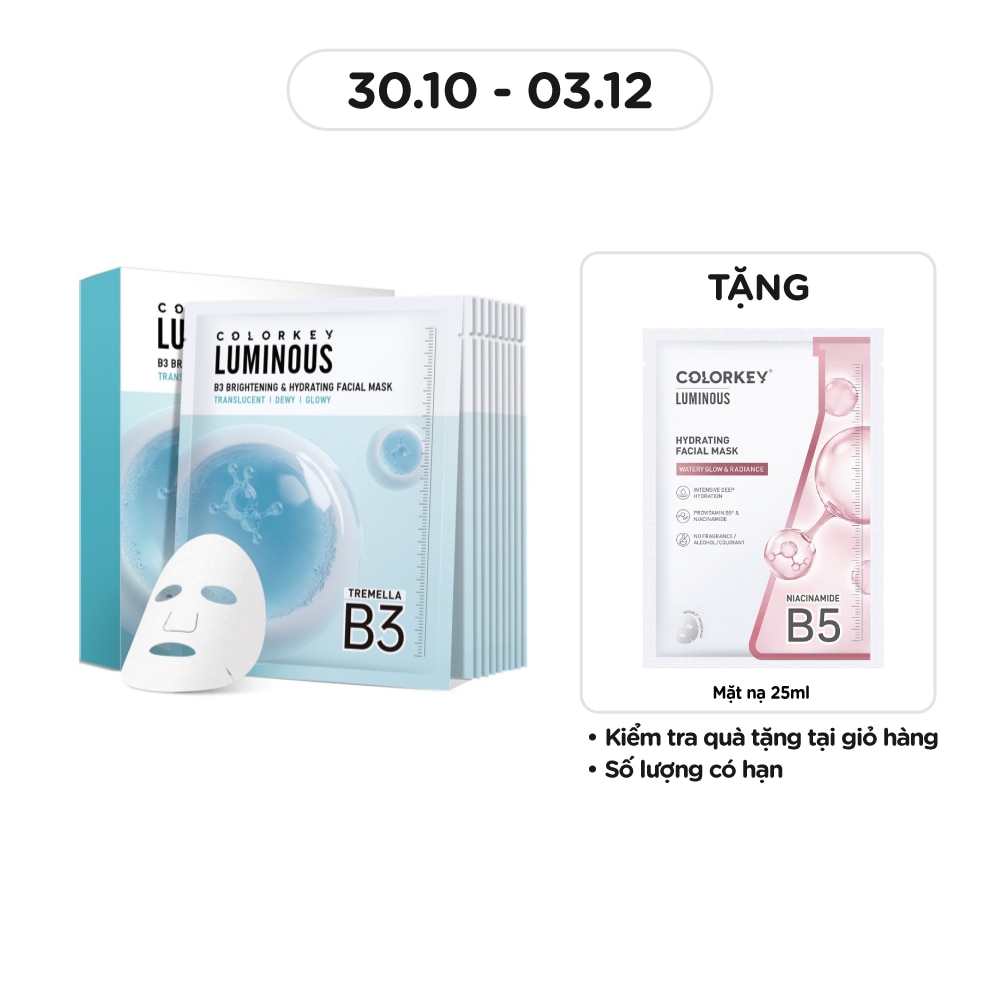 Mặt Nạ Cấp Ẩm Và Sáng Da B3 Colorkey Luminous B3 Brightening & Hydrating Facial Mask 30ml x 10pcs