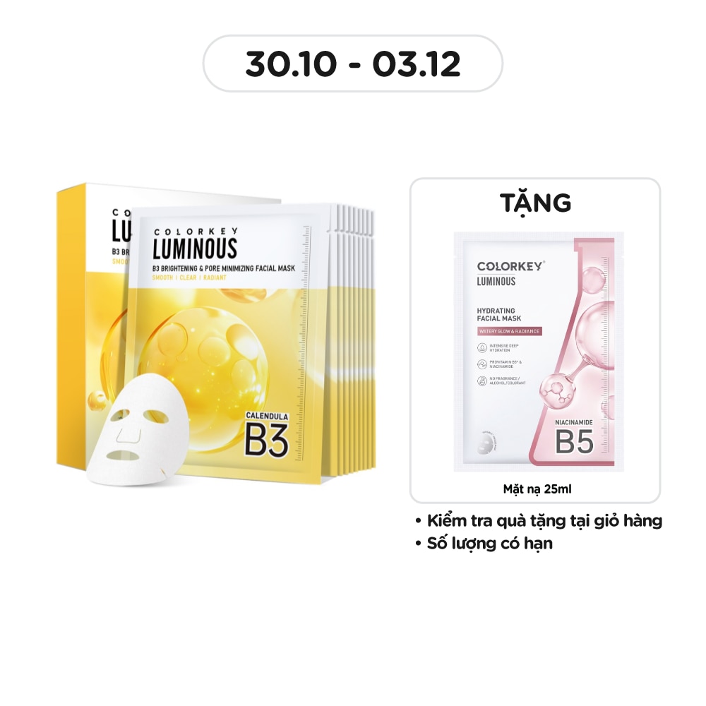 Mặt Nạ Se Khít Lỗ Chân Lông Và Sáng Da B3 Colorkey Luminous B3 Brightening & Pore Minimizing Facial Mask 30ml x 10pcs
