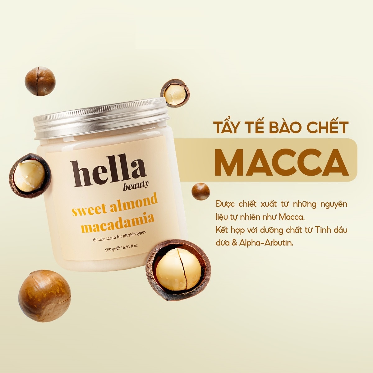 Tẩy Tế Bào Chết Toàn Thân Hella Beauty Hạnh Nhân Macca Sweet Almond Macadamia 500g