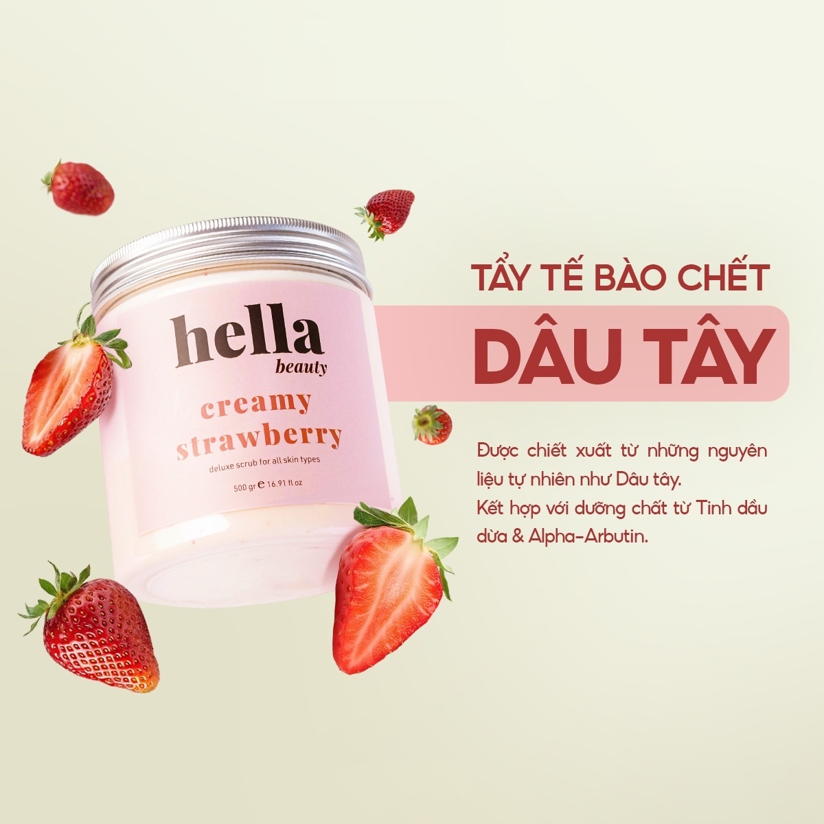 Tẩy Tế Bào Chết Toàn Thân Hella Beauty Kem Dâu Creamy Strawberry 500g