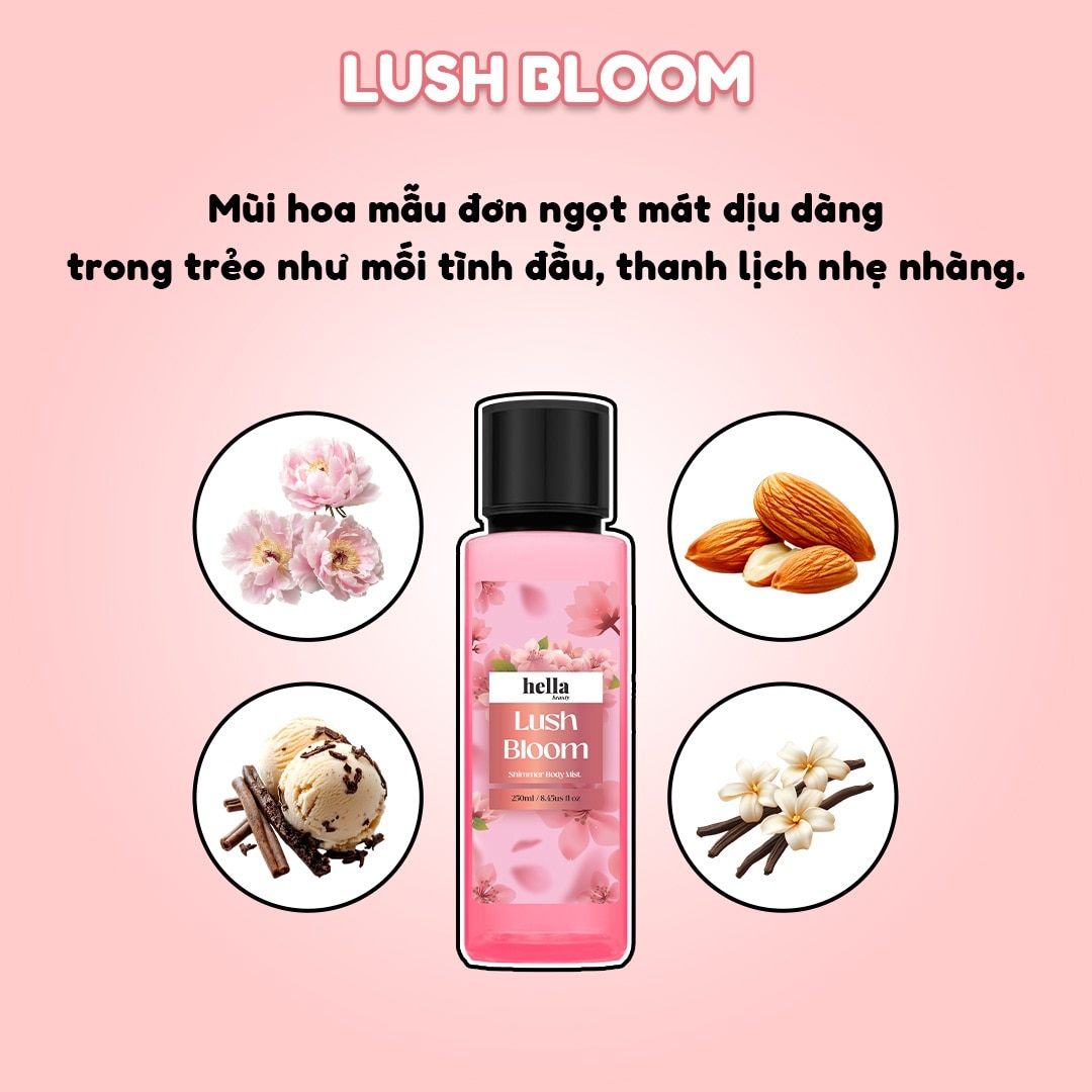 Xịt Thơm Toàn Thân Có Nhũ Hella Beauty Lush Bloom Shimmer Body Mist 250ml