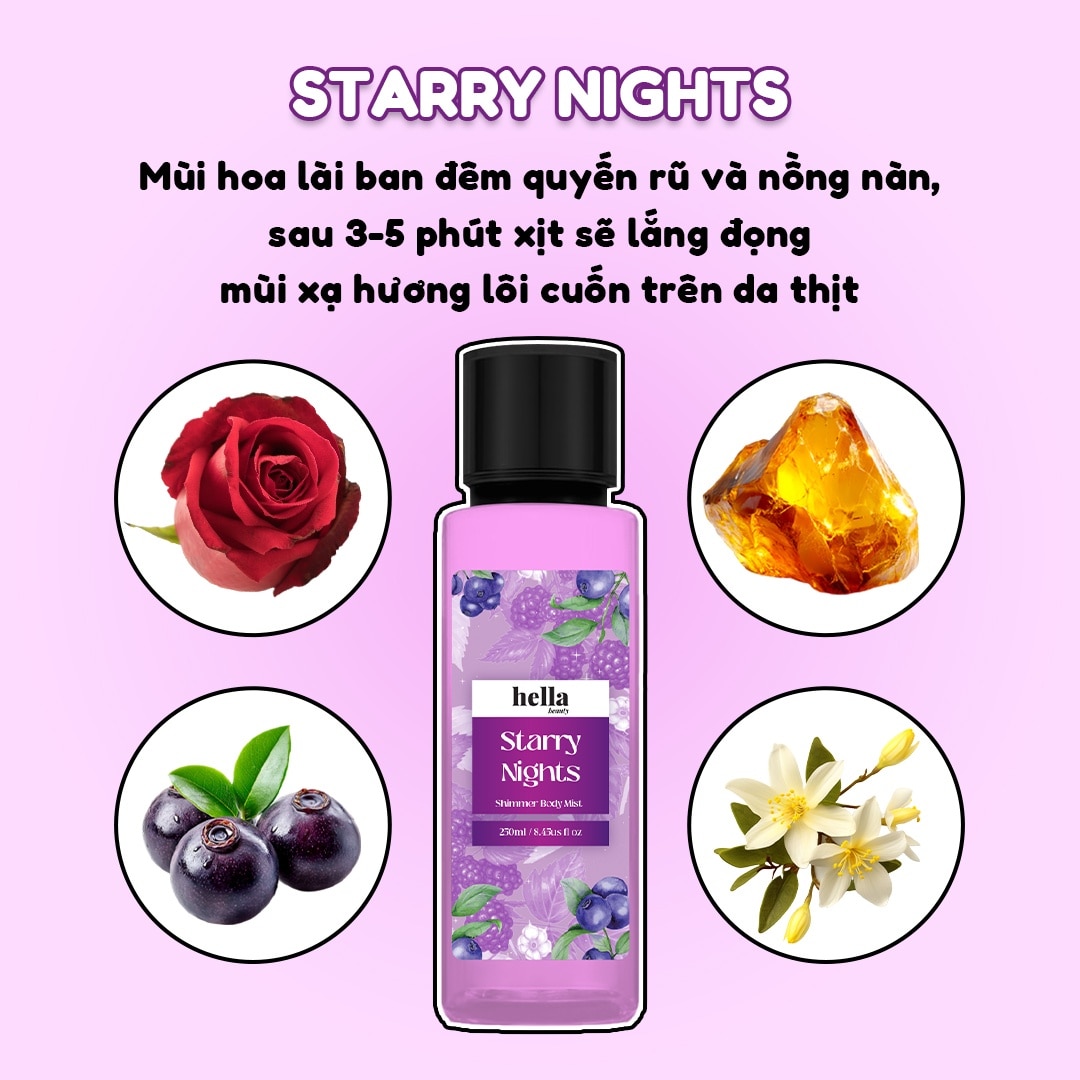 Xịt Thơm Toàn Thân Có Nhũ Hella Beauty Starry Nights Shimmer Body Mist 250ml