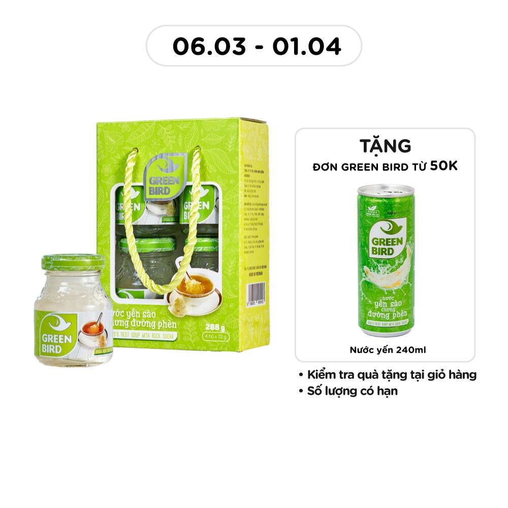 Nước Uống Bổ Sung Green Bird Yến Sào Chưng Đường Phèn 72gx 4Pcs