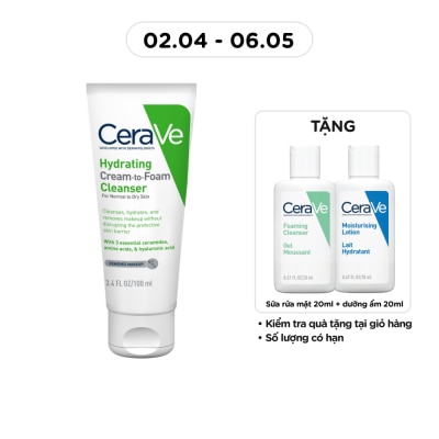 CERAVE - Sữa Rửa Mặt Cerave Hydrating Cream-To-Foam Cleanser Làm Sạch Và Cấp Ẩm Cho Da Thường Và Da Khô 100ml