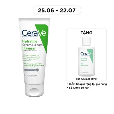 CERAVE - Sữa Rửa Mặt Cerave Hydrating Cream-To-Foam Cleanser Làm Sạch Và Cấp Ẩm Cho Da Thường Và Da Khô 100ml