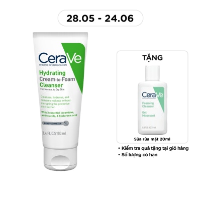 CERAVE - Sữa Rửa Mặt Cerave Hydrating Cream-To-Foam Cleanser Làm Sạch Và Cấp Ẩm Cho Da Thường Và Da Khô 100ml