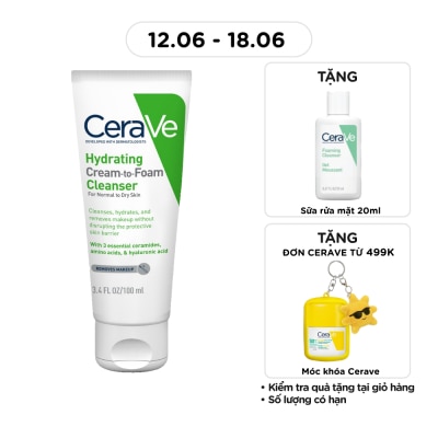 CERAVE - Sữa Rửa Mặt Cerave Hydrating Cream-To-Foam Cleanser Làm Sạch Và Cấp Ẩm Cho Da Thường Và Da Khô 100ml
