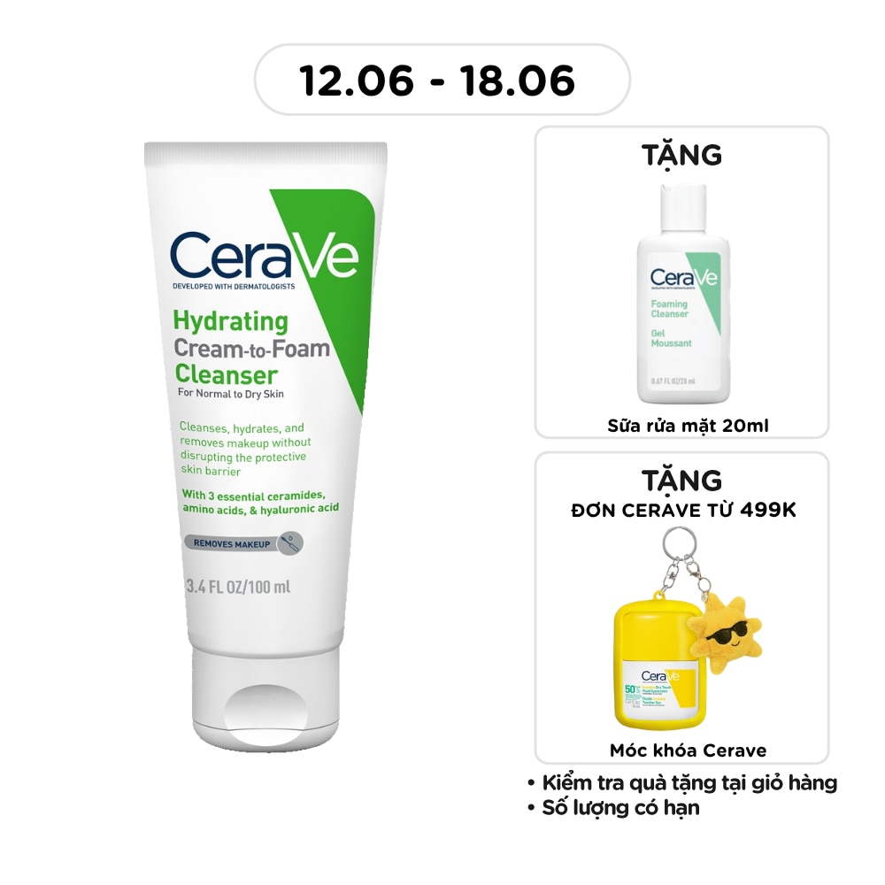 Sữa Rửa Mặt Cerave Hydrating Cream-To-Foam Cleanser Làm Sạch Và Cấp Ẩm Cho Da Thường Và Da Khô 100ml