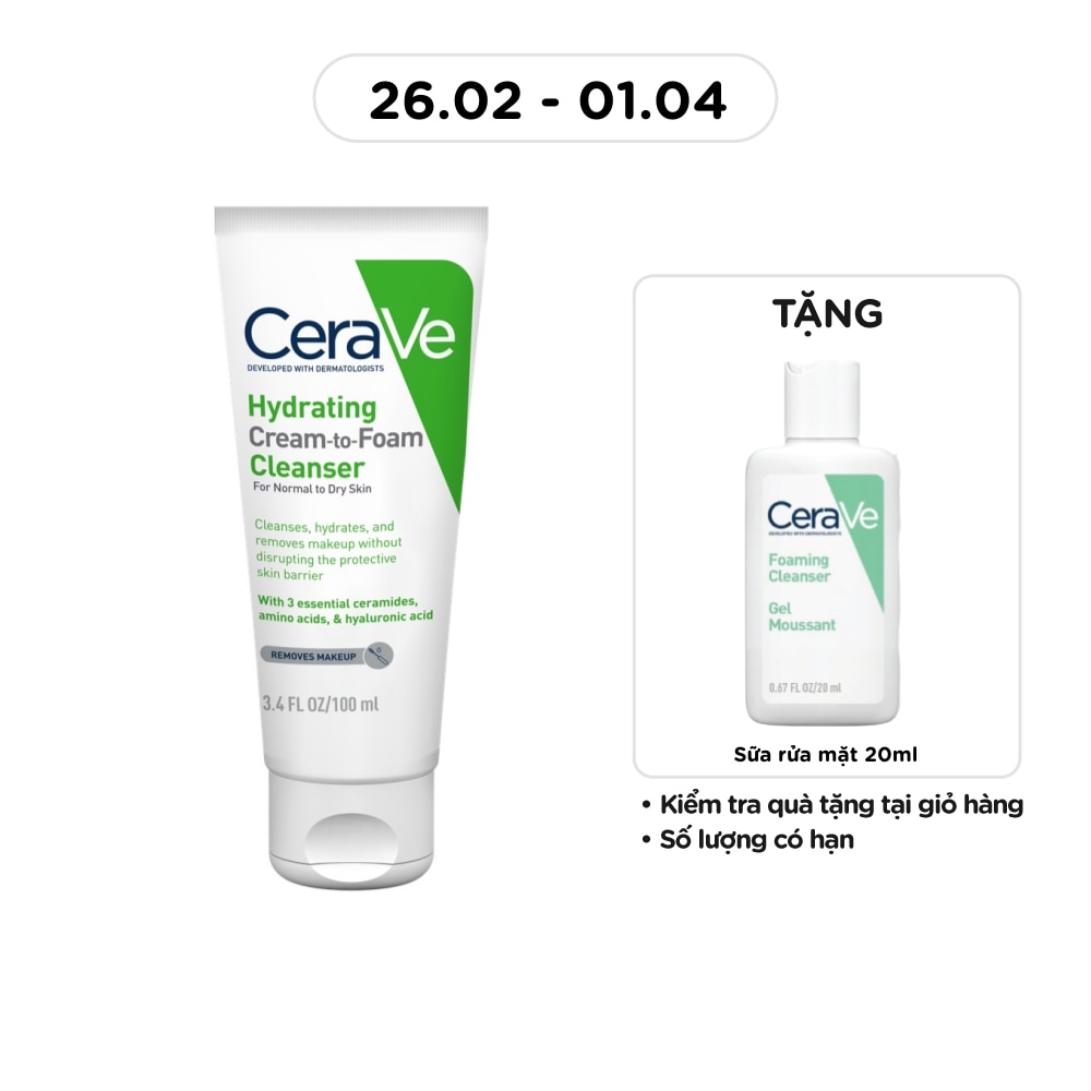 Sữa Rửa Mặt Cerave Hydrating Cream-To-Foam Cleanser Làm Sạch Và Cấp Ẩm Cho Da Thường Và Da Khô 100ml