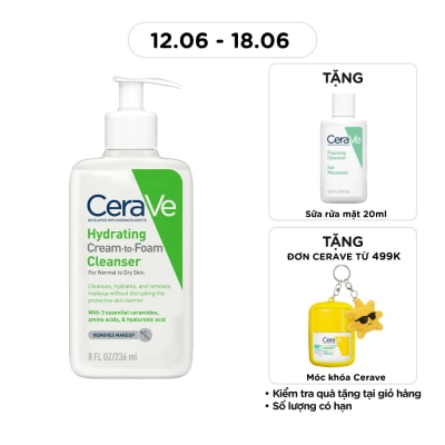 CERAVE - Sữa Rửa Mặt Cerave Hydrating Cream-To-Foam Cleanser Làm Sạch Và Cấp Ẩm Cho Da Thường Và Da Khô 236ml