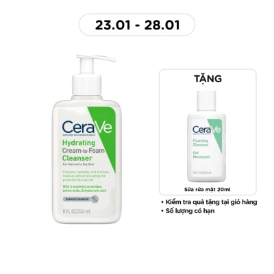 CERAVE Sữa Rửa Mặt Cerave Hydrating Cream-To-Foam Cleanser Làm Sạch Và Cấp Ẩm Cho Da Thường Và Da Khô 236ml