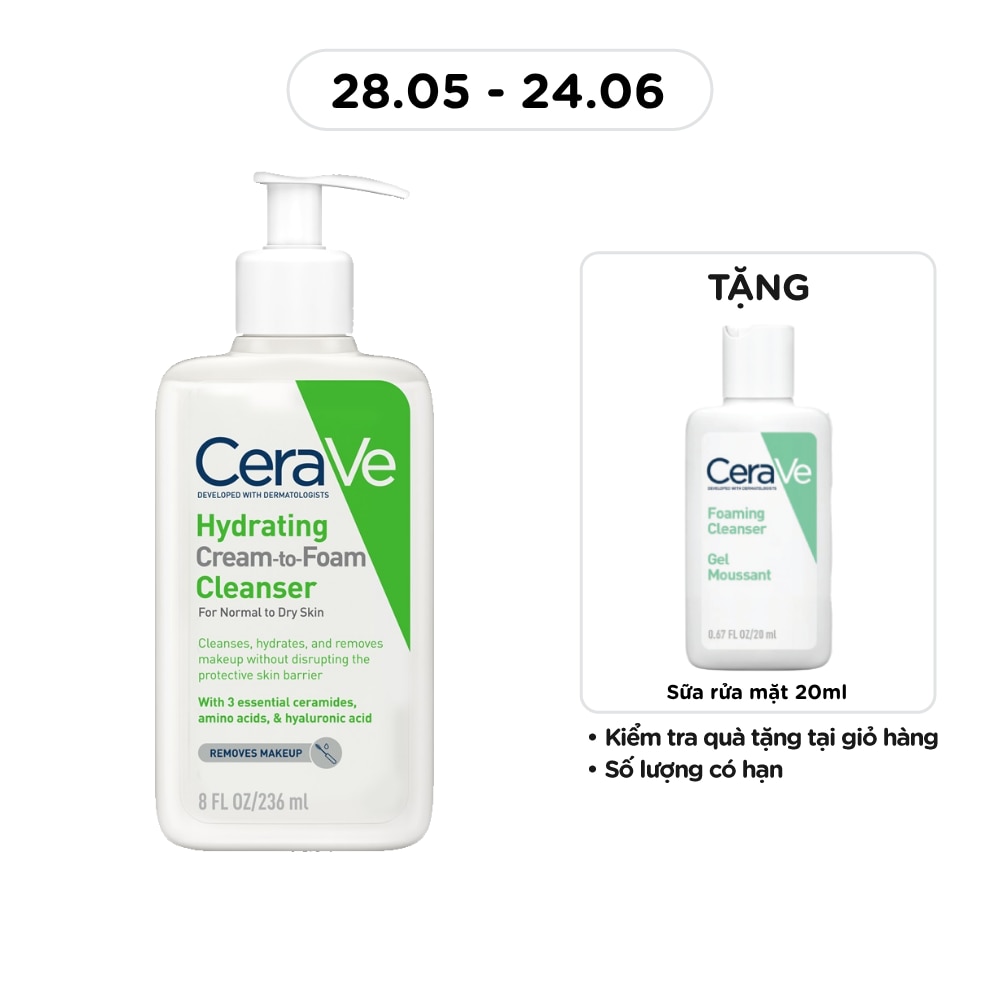 Sữa Rửa Mặt Cerave Hydrating Cream-To-Foam Cleanser Làm Sạch Và Cấp Ẩm Cho Da Thường Và Da Khô 236ml