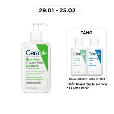 CERAVE Sữa Rửa Mặt Cerave Hydrating Cream-To-Foam Cleanser Làm Sạch Và Cấp Ẩm Cho Da Thường Và Da Khô 236ml