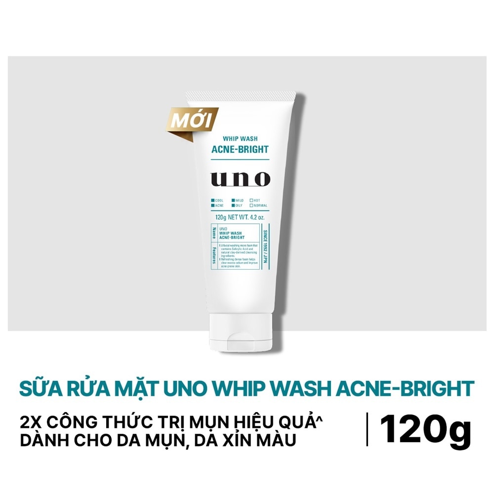 Sữa Rửa Mặt Uno Chăm Sóc Da Mụn Whip Wash Acne-Bright 120g