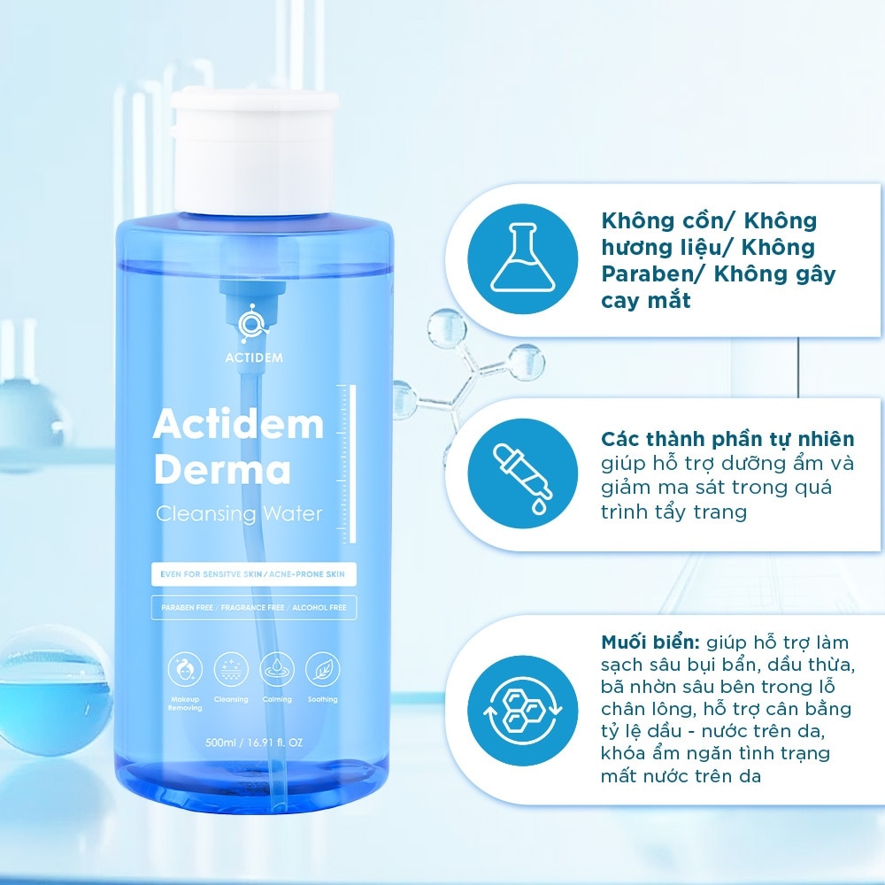 Nước Tẩy Trang Không Cay Mắt Actidem Derma Cleansing Water 500ml