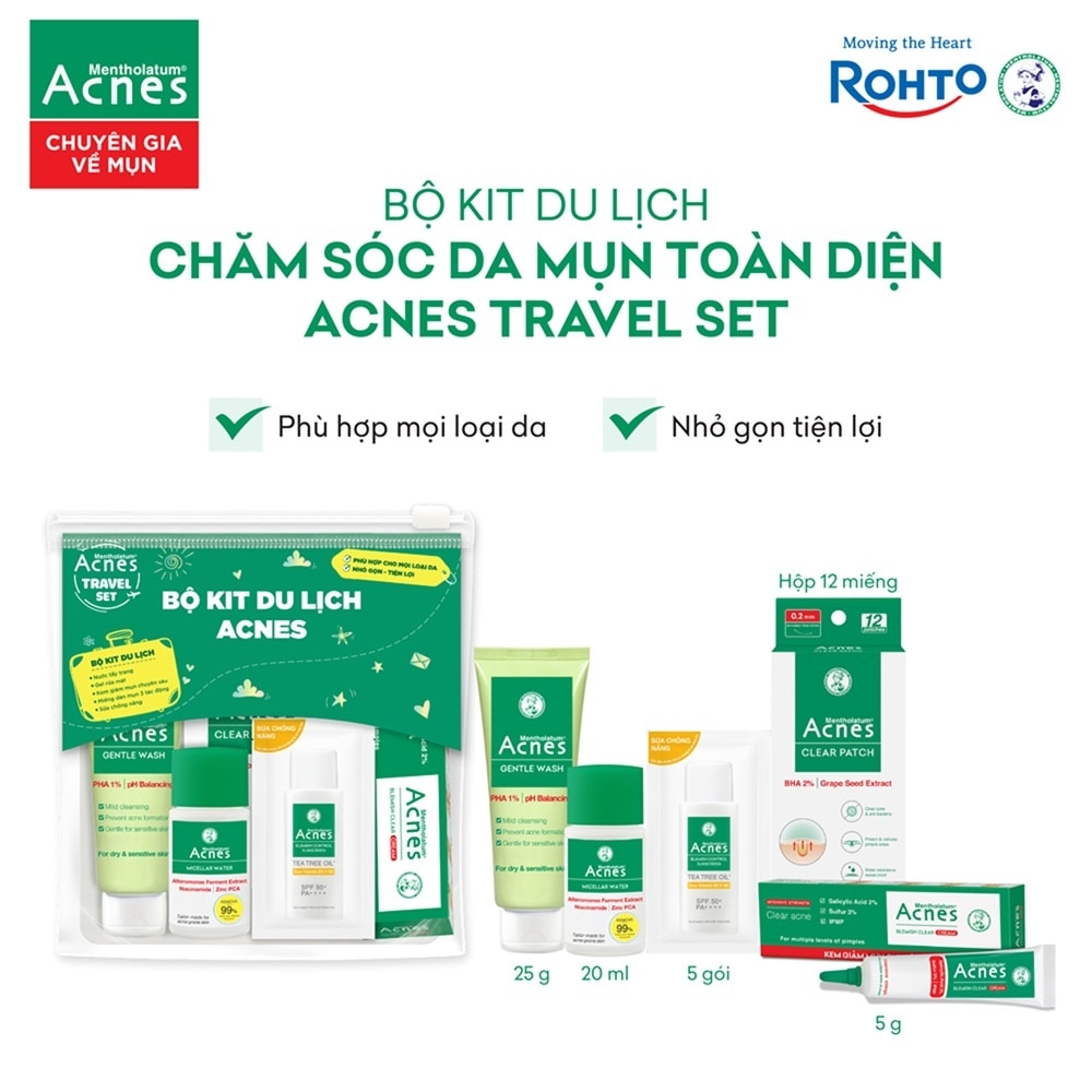 Bộ Kit Du Lịch Acnes (Kem Chấm Mụn 5g+DánMụn 12pcs+Tẩy Trang 20ml+Gel Rửa Mặt 25g+ChốngNắng 5gx5pcs)