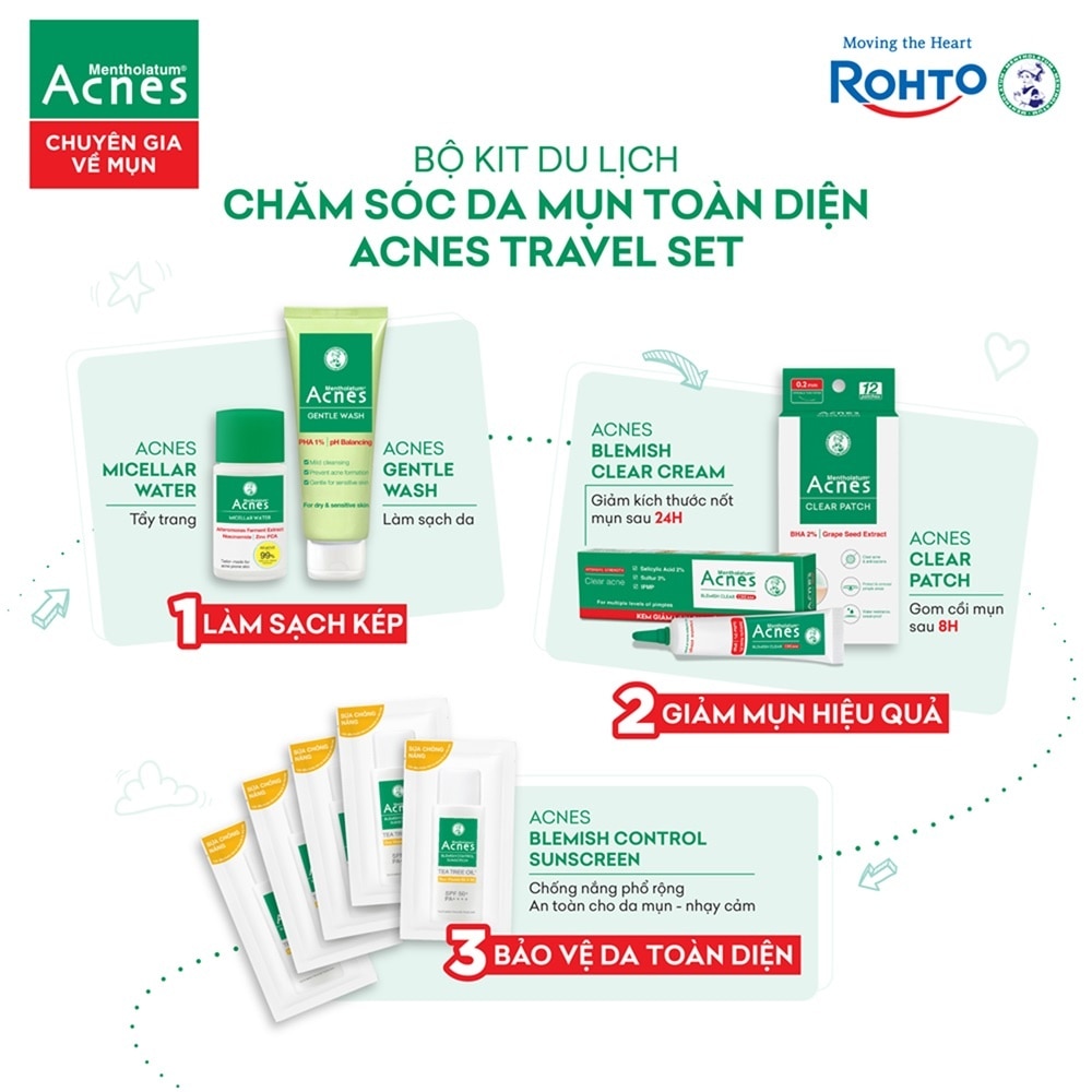 Bộ Kit Du Lịch Acnes (Kem Chấm Mụn 5g+DánMụn 12pcs+Tẩy Trang 20ml+Gel Rửa Mặt 25g+ChốngNắng 5gx5pcs)
