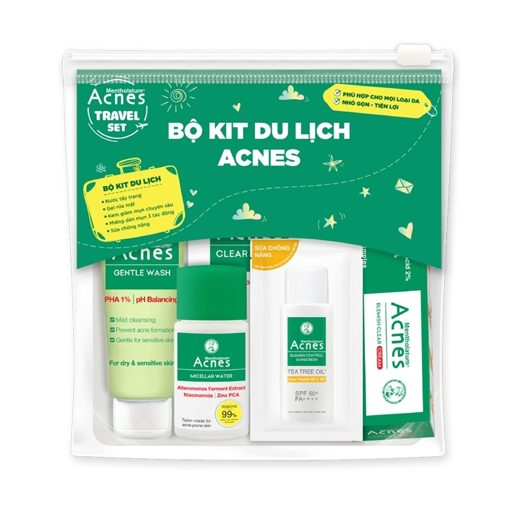 Bộ Kit Du Lịch Acnes (Kem Chấm Mụn 5g+DánMụn 12pcs+Tẩy Trang 20ml+Gel Rửa Mặt 25g+ChốngNắng 5gx5pcs)